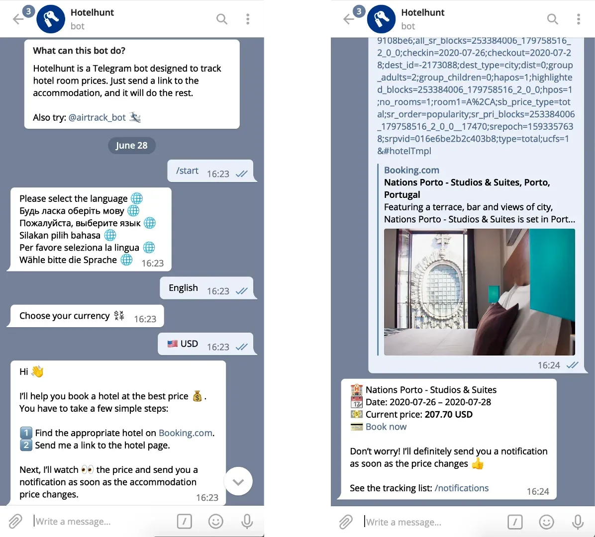 Чат-бот для путешествий hotelhunt