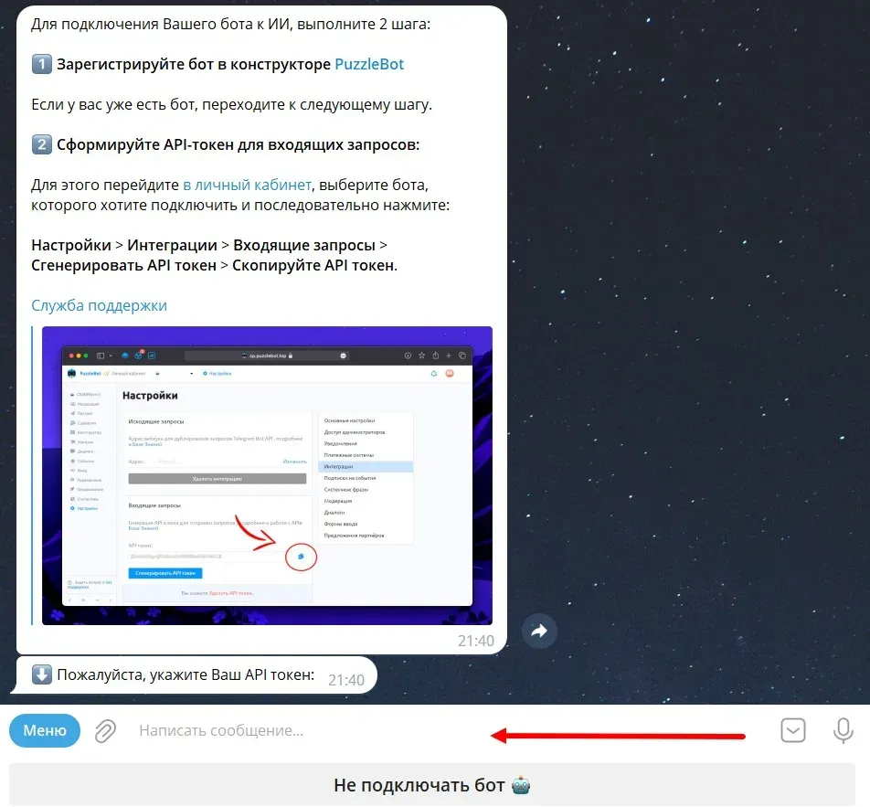 Отправьте токен в бот https://t.me/ChatGPT_PuzzleBot.